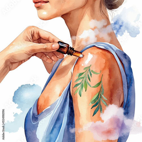 Watercolor vector of aromatherapy body treatment with essential oils for wellness