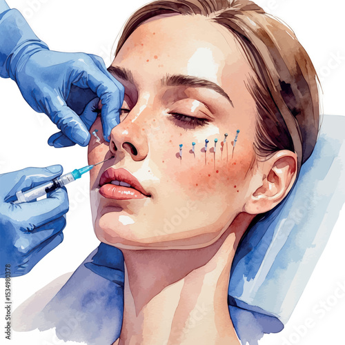 Watercolor vector of forehead mesotherapy with multiple tiny injections in spa setting
