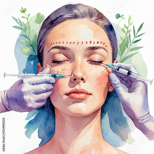 Watercolor vector of forehead mesotherapy with multiple tiny injections in spa setting