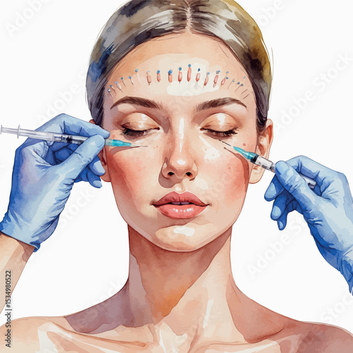 Watercolor vector of forehead mesotherapy with multiple tiny injections in spa setting