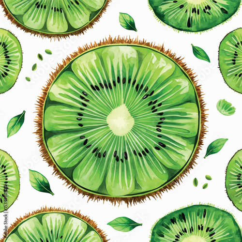 Watercolor sliced kiwi fruit top view with seeds and vivid green tones on white background