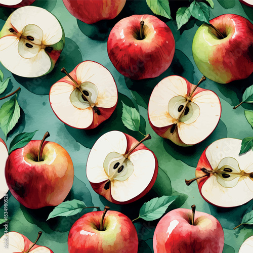 Watercolor apples set in red and green with slices and leaves in hand-painted style