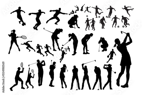 Vector illustration of sports athlete football player, badminton, basketball, baseball, tennis, volleyball