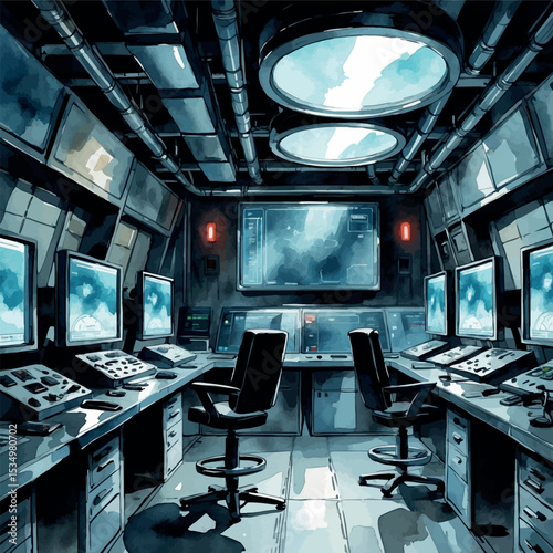 Futuristic industrial control room – watercolor with monitors and sci-fi atmosphere