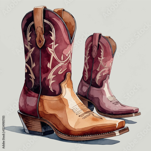 Watercolor western cowboy boots with stitching handpainted rustic fashion illustration