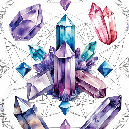 Watercolor illustration of crystal therapy arrangement. Healing gemstones with chakra alignment pattern isolated on white background.