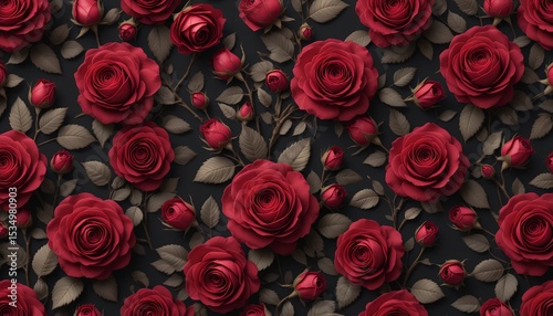 Seamless pattern of realistic red roses with dark leaves on black background for elegant design