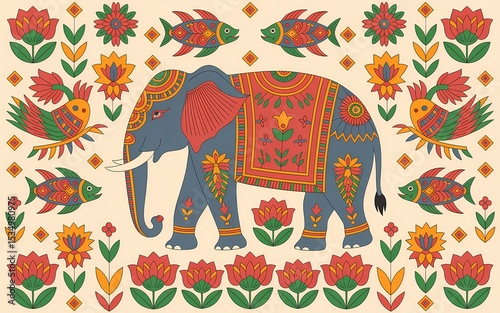 Indian Madhubani Folk Art, Ornate Elephant Surrounded by Flowers, Birds, and Fish in Folk Art Style