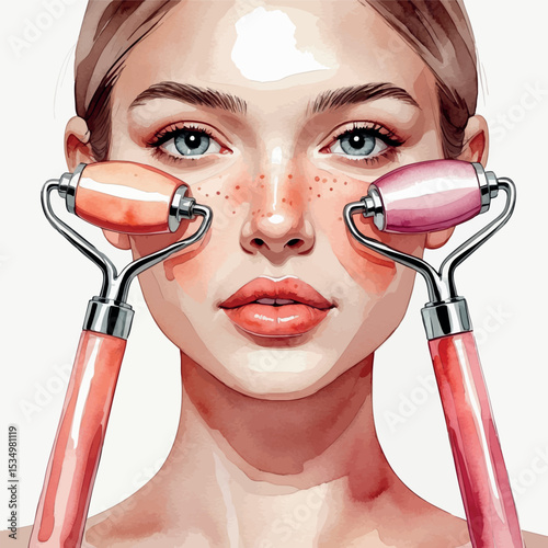 Watercolor vector of woman using face roller in modern skincare routine
