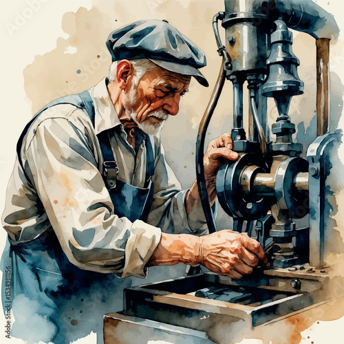 Elderly factory worker repairing vintage machine – nostalgic watercolor scene