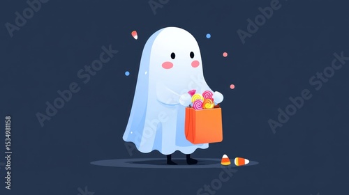 Cute icon of ghost with candy bag
