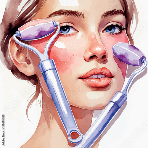 Watercolor vector of woman using face roller in modern skincare routine