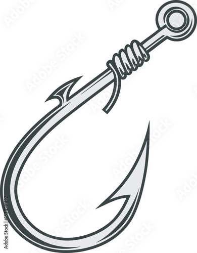 Gray Fishing Hook Illustration with Circular Eye, Coiled Shaft, and Sharp Barb – Clean, Detailed Vector Design Representing Fishing Gear, Angling Equipment, and Outdoor Recreation
