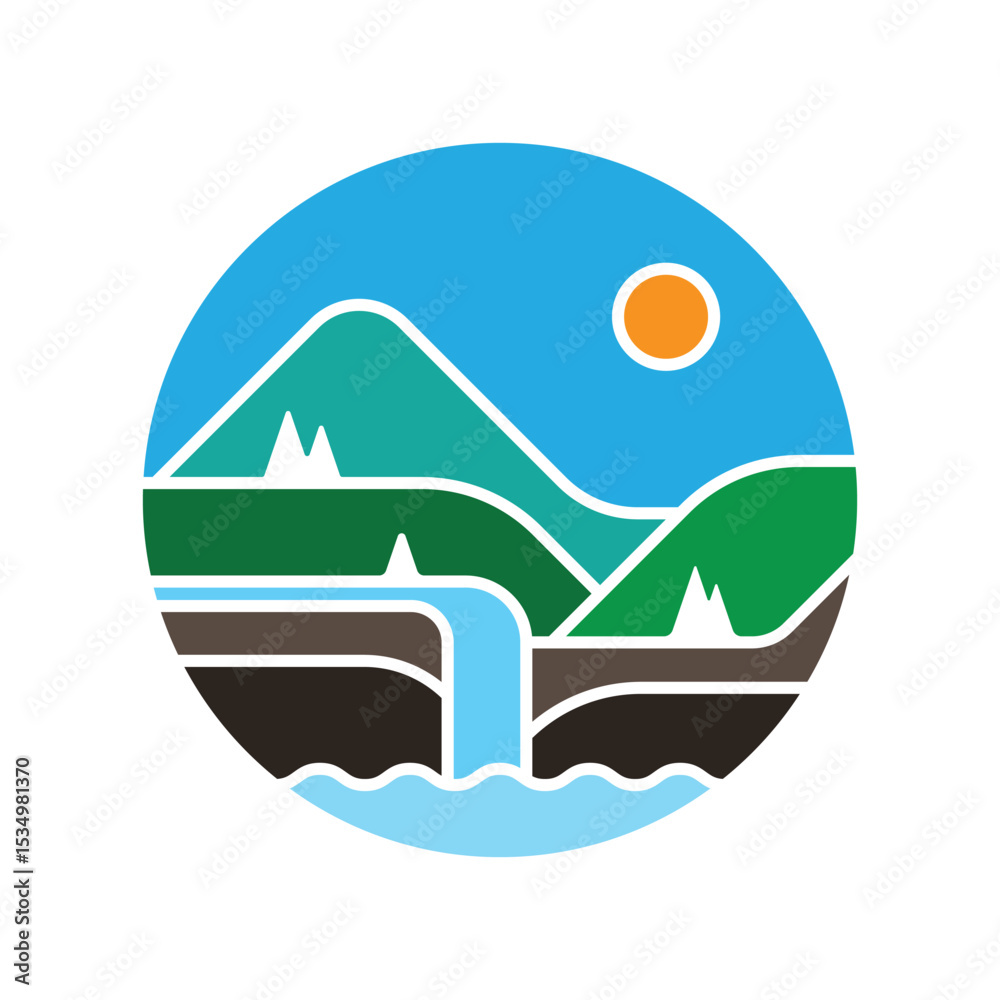Fototapeta premium simple ecosystem of mountains and waterfalls in a circle logo vector