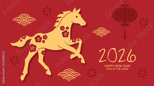 Cute baby foal year of the horse 2026 card. Chinese new year of the horse banner, or Lunar new year 2026 vector illustration with zodiac horse silhouette and hanging lantern decoration.