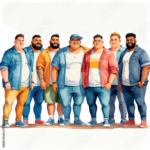 Watercolor illustration of diverse plus size men group. Male friendship and body positivity concept isolated on white background.