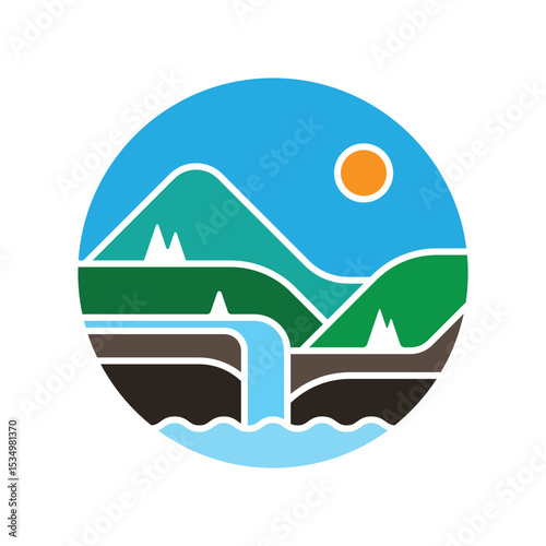 simple ecosystem of mountains and waterfalls in a circle logo vector