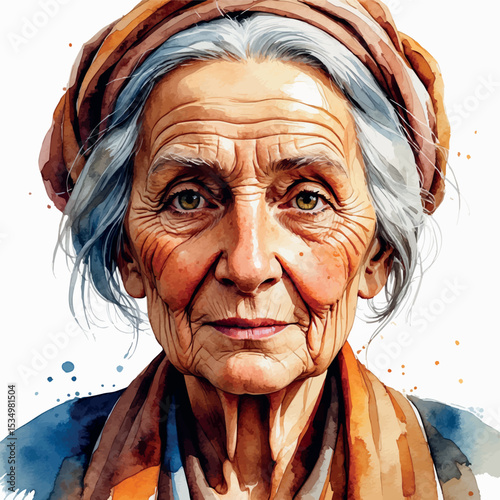 Watercolor portrait of an elderly woman with warm tones and expressive detail