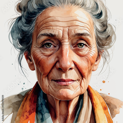 Watercolor portrait of an elderly woman with warm tones and expressive detail
