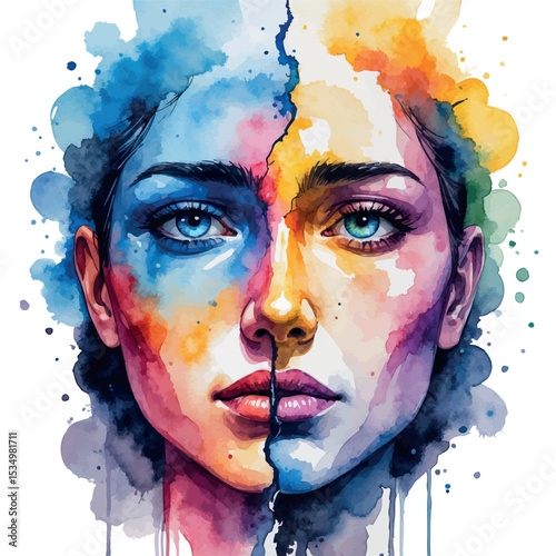 Conceptual watercolor face with dual emotions and contrasting color tones