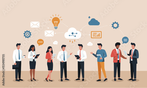 Modern flat illustrations of diverse business teams collaborating, communicating, and networking, surrounded by digital icons representing various business functions and technology