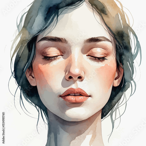 Watercolor portrait of a calm face with closed eyes and soft muted tones
