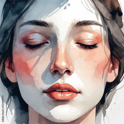 Watercolor portrait of a calm face with closed eyes and soft muted tones