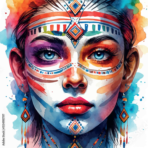 Watercolor face with tribal elements and bold artistic paint stripes