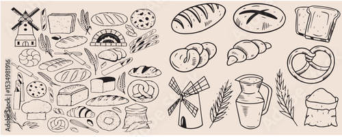 Hand-drawn bakery and bread doodle vector set featuring a variety of artisanal bread, pastries, wheat, baking tools, and oven elements.