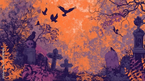 Digital Halloween background pattern in orange and purple