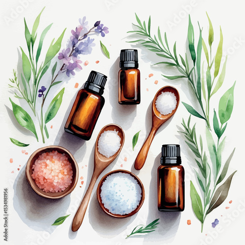 Watercolor vector of spa tools with essential oils sea salt and wooden spoon