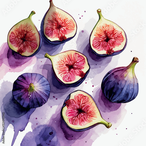 Watercolor figs flat lay with sliced and whole fruits in purple and pink tones