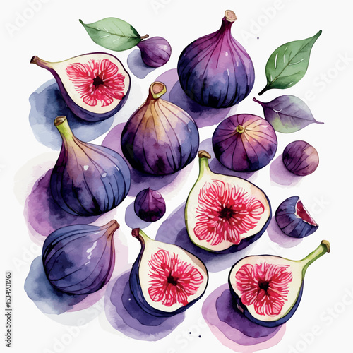 Watercolor figs flat lay with sliced and whole fruits in purple and pink tones