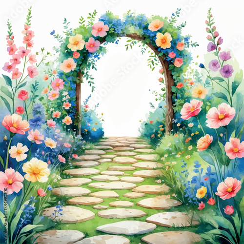 Watercolor garden path surrounded by blooming flowers in romantic soft tones