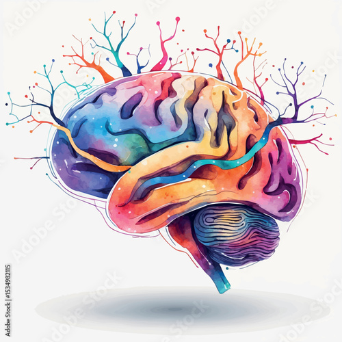 Futuristic watercolor AI brain with colorful neural circuits and branching flow