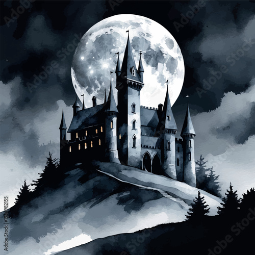 Watercolor dark gothic castle. Mysterious night scene with full moon and cold tones