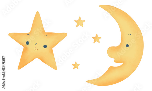 絵本タッチなお月さまとお星さまのイラスト