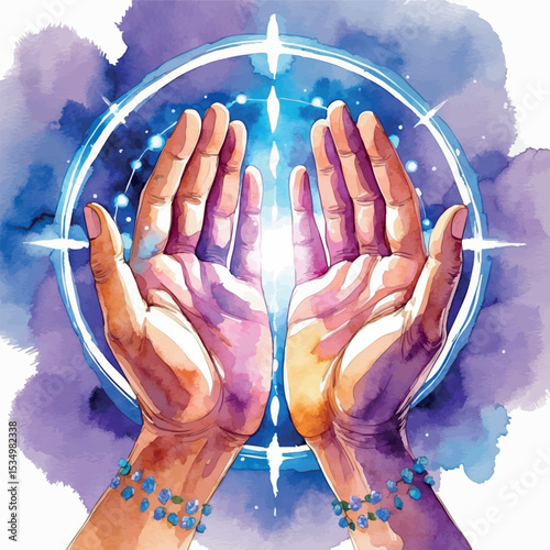 Watercolor illustration of hands performing reiki healing. Gentle energy glow with purple and blue aura isolated on white background.