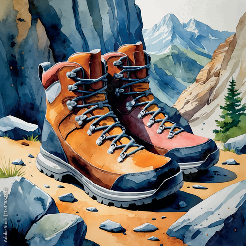 Watercolor hiking boots on rocky ground outdoor adventure footwear illustration