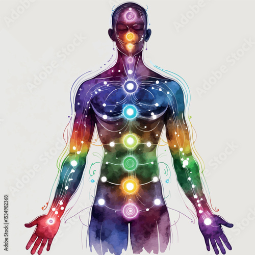 Watercolor illustration of human body with energy meridians and chakras. Traditional Chinese medicine concept isolated on white background.