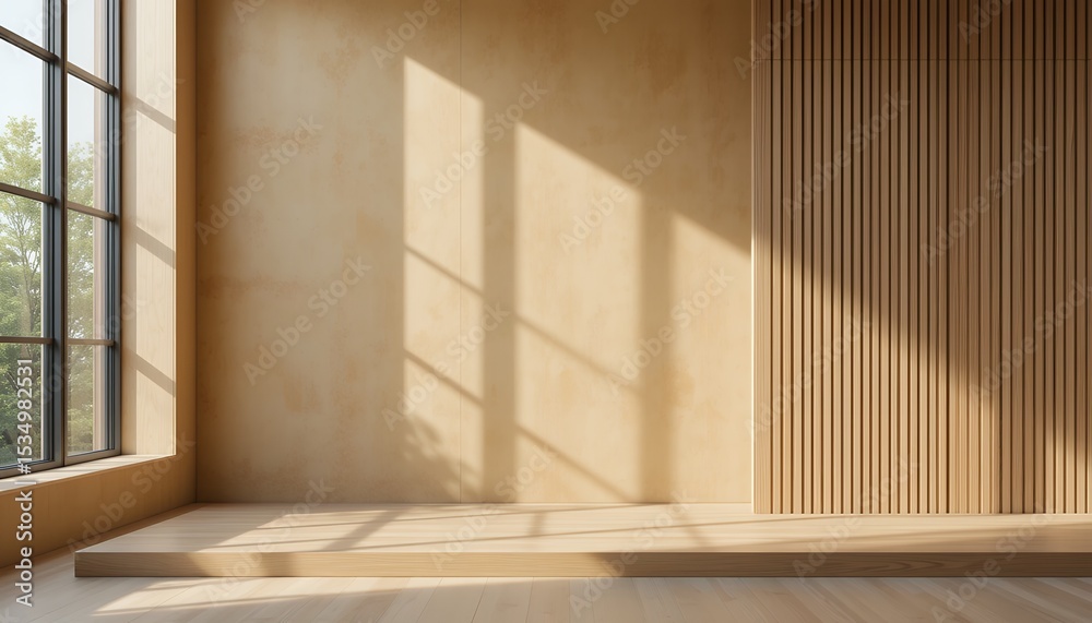 Obraz premium Bright minimalist room interior with large window and wooden panel wall in natural light