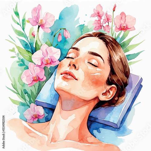Watercolor illustration of a relaxing beauty treatment session in soft pastel tones