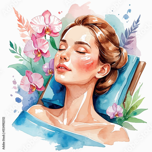 Watercolor illustration of a relaxing beauty treatment session in soft pastel tones