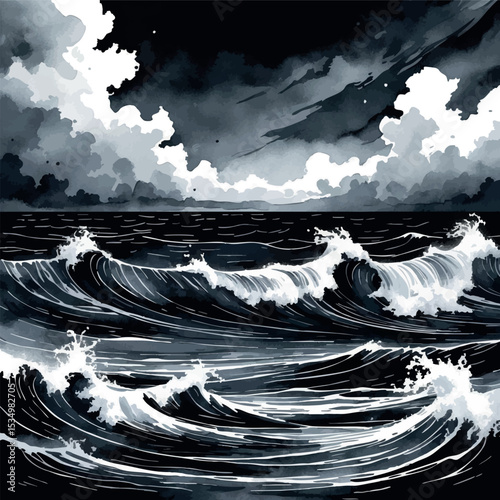 Watercolor stormy dark ocean. Crashing waves and dramatic sky in black and gray tones