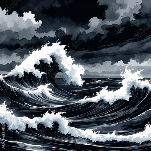 Watercolor stormy dark ocean. Crashing waves and dramatic sky in black and gray tones