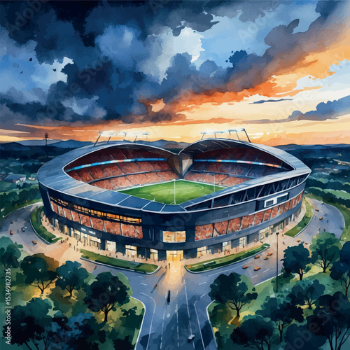 Watercolor football stadium full of fans – evening match aerial view illustration