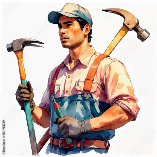 Watercolor vector of Latin American worker in uniform with tools isolated on white