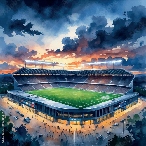 Watercolor football stadium full of fans – evening match aerial view illustration
