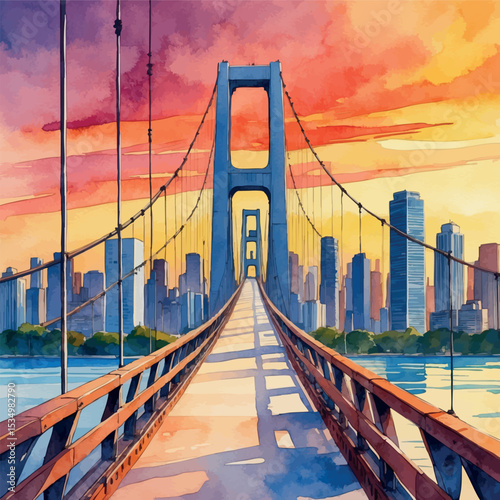 Sunset over modern suspension bridge. Watercolor city skyline with warm tones