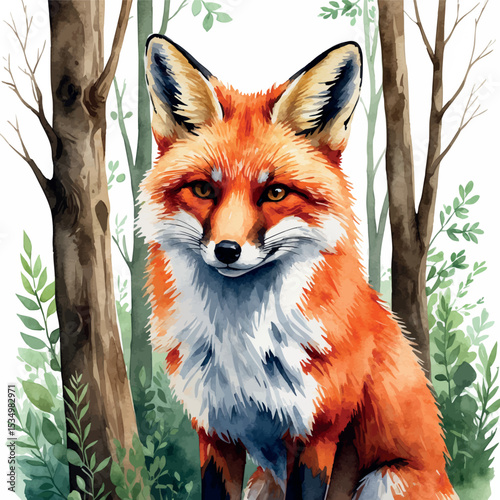 Realistic watercolor red fox in forest. Detailed animal illustration on white background.